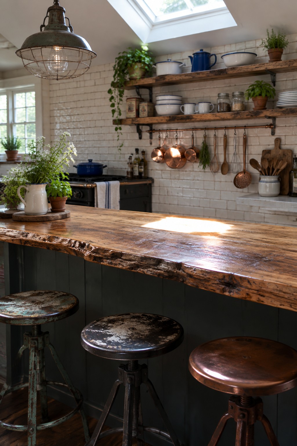 A kitchen interior with a large reclaimed wood bar counter, three worn metal stools, white brick walls, and open wooden shelves holding dishes and copper pans.