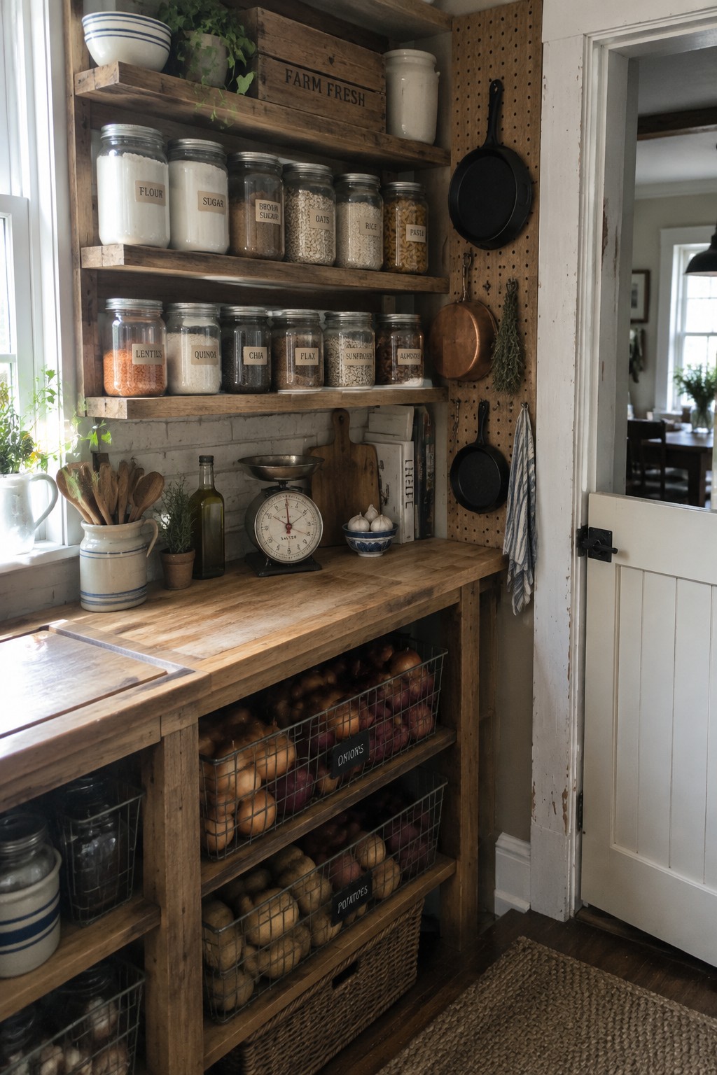 A rustic interior corner showing wooden open shelves lined with glass jars above a reclaimed wood counter, with wire baskets of onions and potatoes stored below.