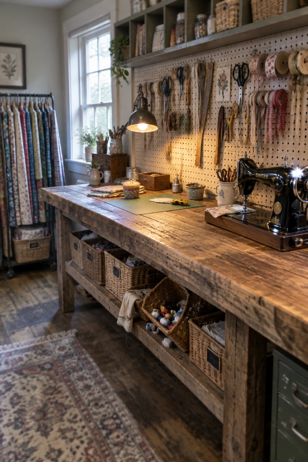 Rustic wooden sewing table with vintage Singer machine, pegboard tools, and baskets