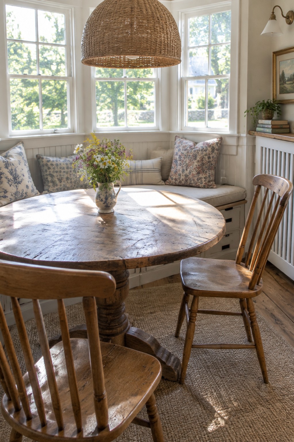 A round reclaimed wood dining table with a blue and white pitcher of flowers sits in a bright window nook with a built-in bench, patterned cushions, and two wooden spindle chairs on a woven rug.