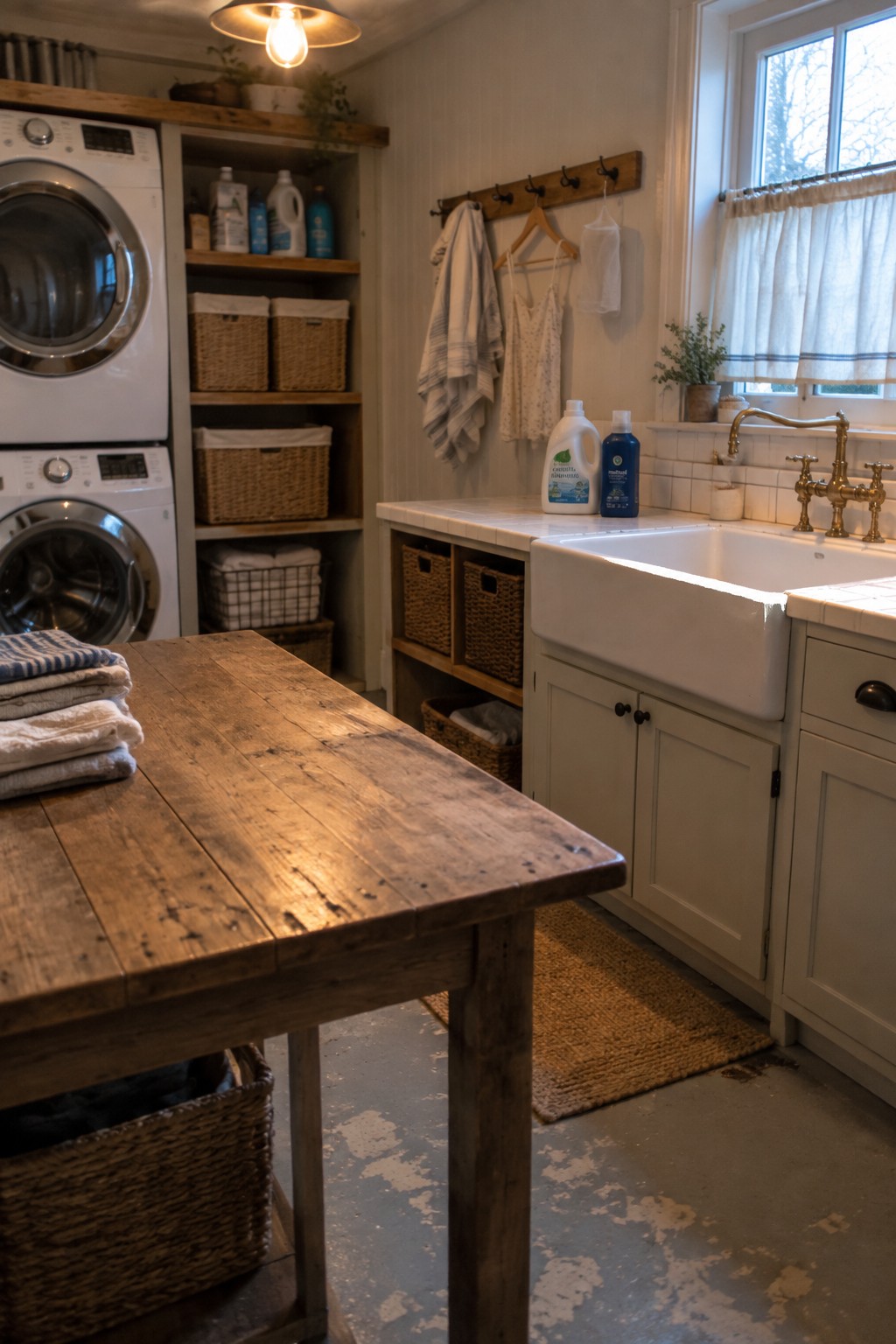 A rustic laundry room with a large reclaimed wood table in the foreground, white washing machines on the left, a farmhouse sink on the right, and open shelving with woven baskets.