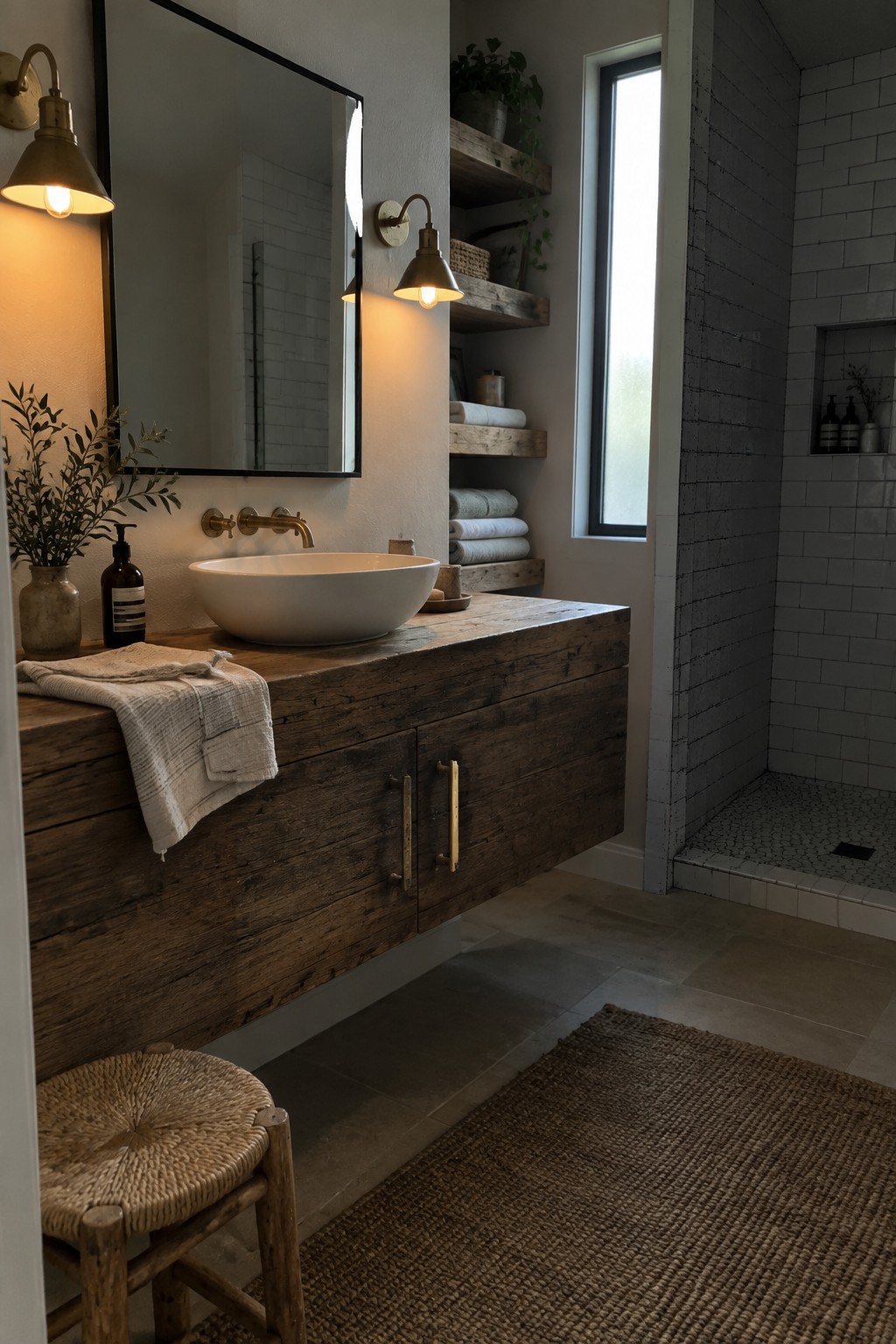 A bathroom featuring a floating reclaimed wood vanity with a white vessel sink, brass faucet, and two wall sconces, next to a white-tiled shower area.