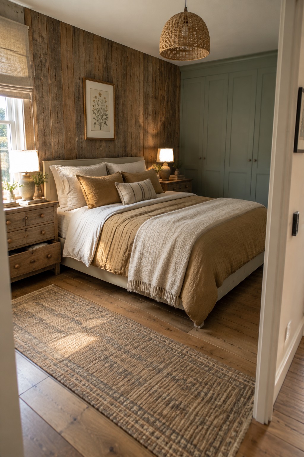 A bedroom with a bed dressed in neutral linens positioned against a vertical reclaimed wood accent wall, flanked by wooden nightstands and a woven rug on the floor.