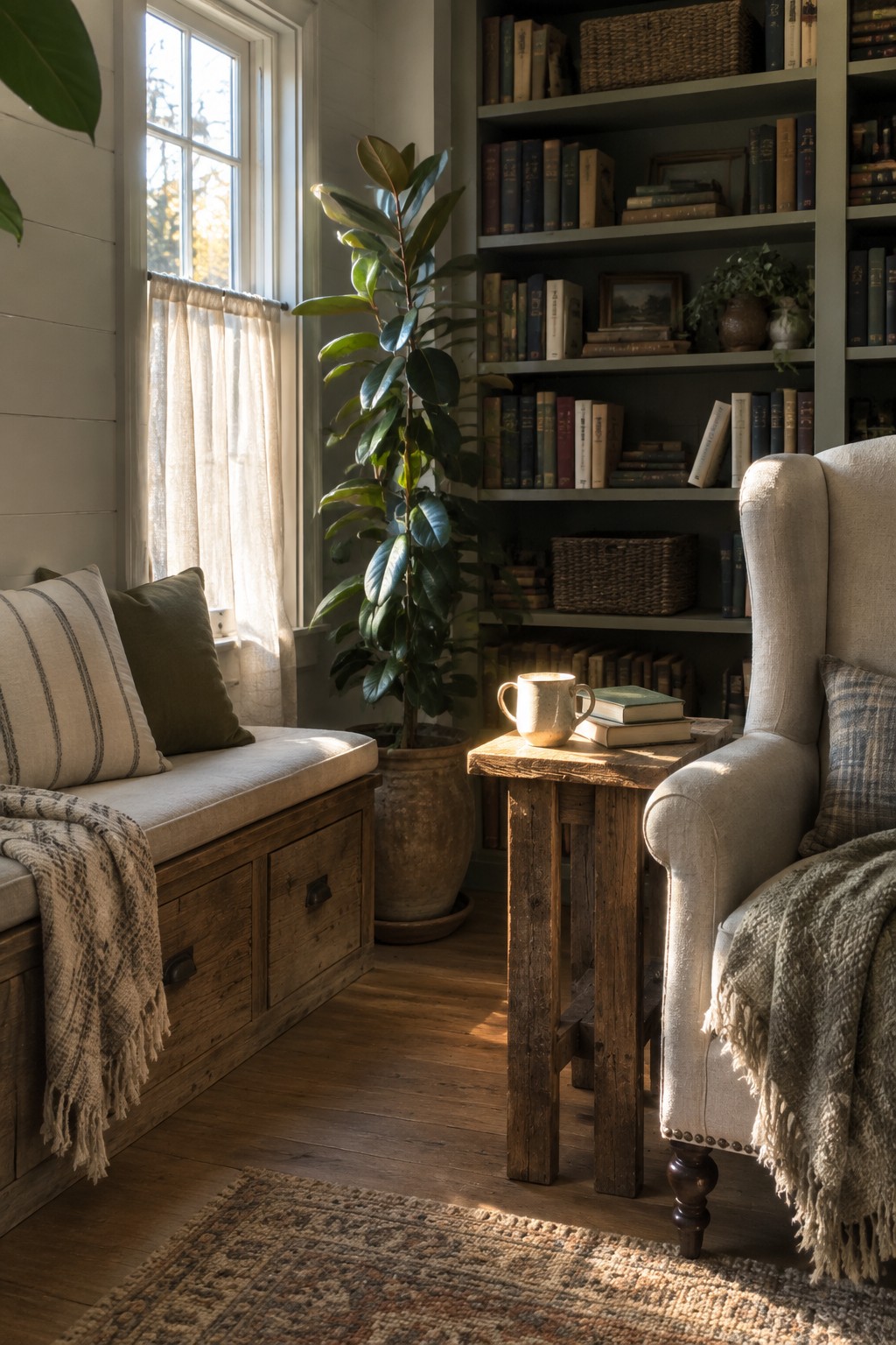 A sunlit interior corner with a reclaimed wood storage bench under a window, a beige armchair, built-in bookshelves, and a large potted plant on a wooden side table.