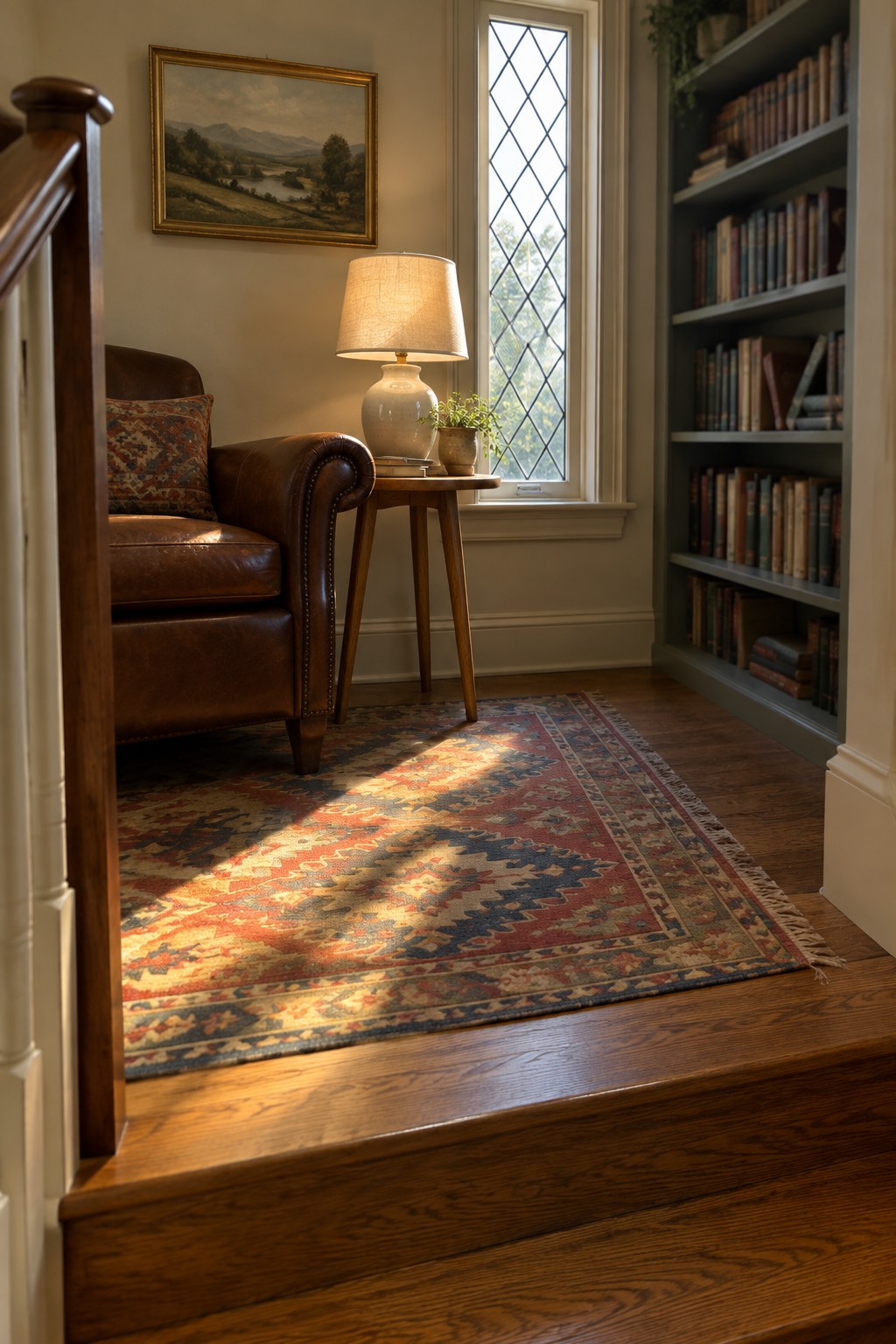 Cozy reading nook with leather armchair, sunlit rug, lamp, and bookshelf by stairs