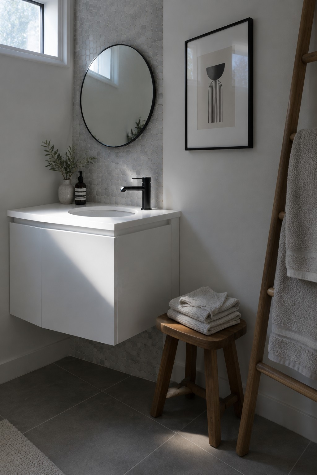 Modern bathroom with white floating vanity, round mirror, wooden stool and ladder