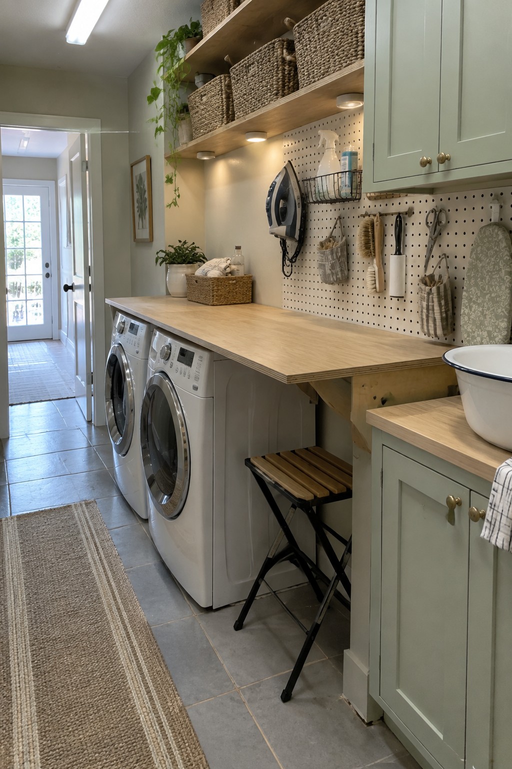 A laundry room with two white front-loading washing machines under a light wood countertop, a pegboard wall with hanging tools, and sage green cabinets on the right.