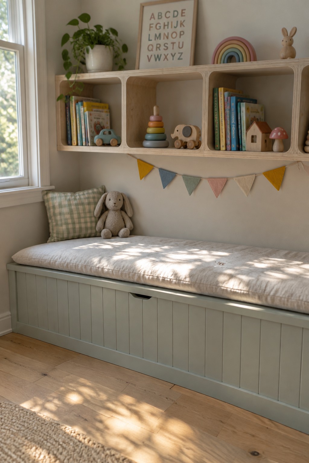 A light green built-in bench with a beige cushion sits under wooden shelves filled with children's books and toys in a sunlit room corner.