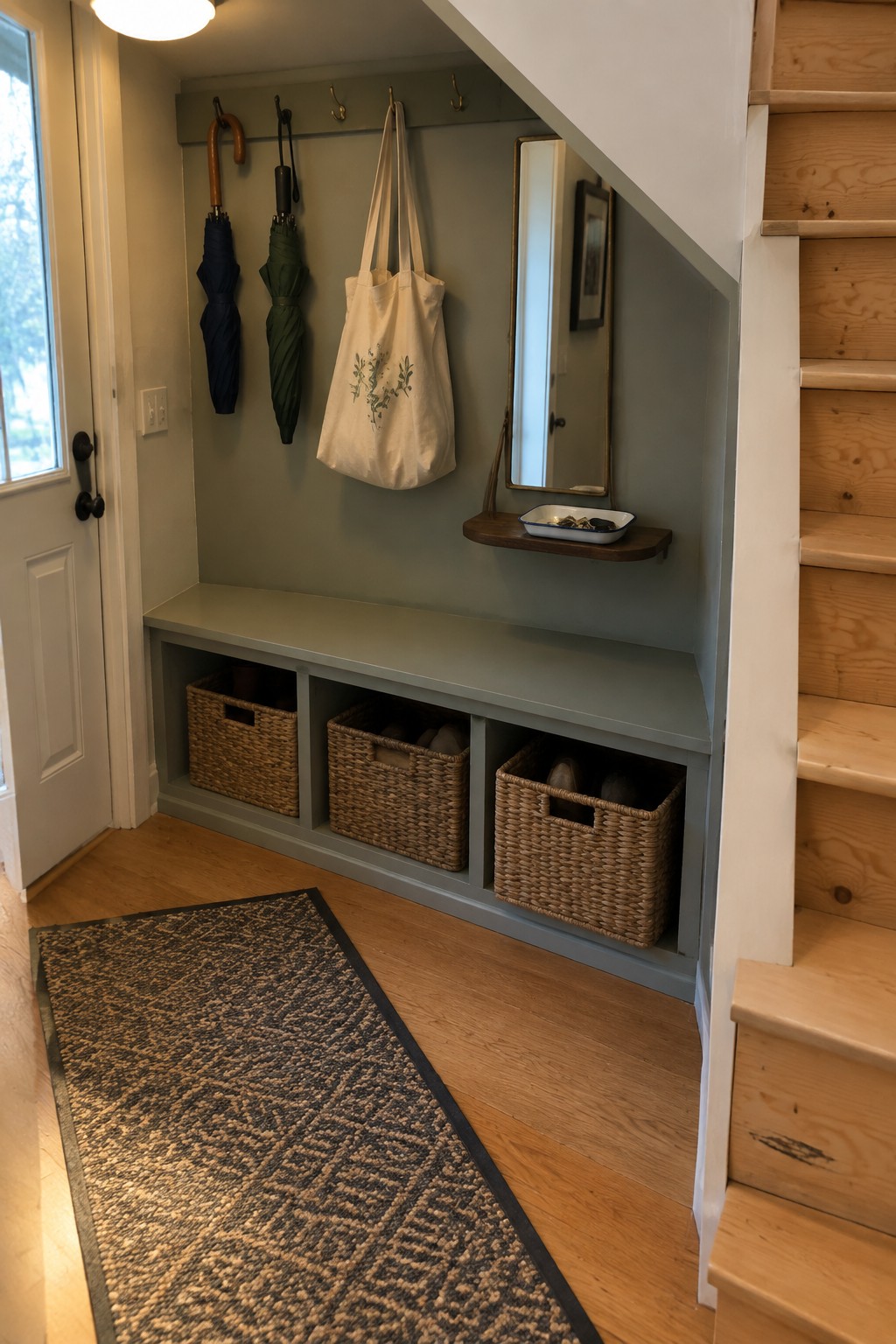 Built-in gray bench with wicker baskets below hooks holding umbrellas and tote by stairs.