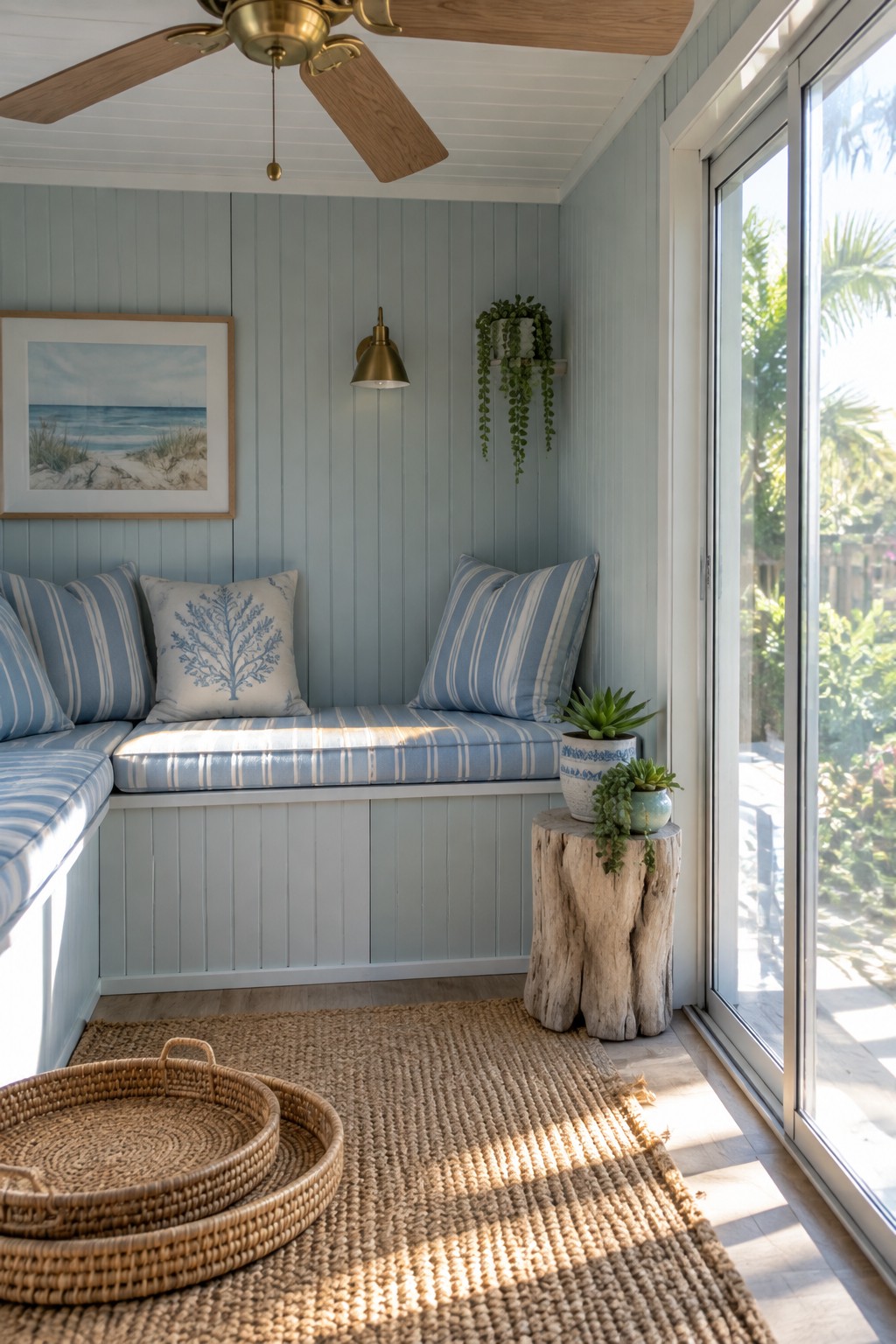 A light blue room with a built-in L-shaped bench along the wall, blue striped cushions, a woven rug, and a sliding glass door on the right.