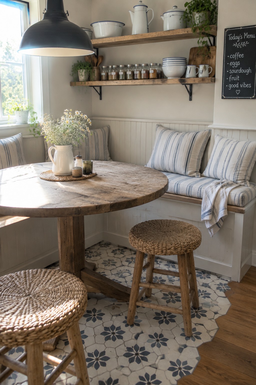 A kitchen corner featuring a round wooden table, built-in bench with blue striped cushions, two woven stools, open shelves with dishes, and a chalkboard menu on the wall.
