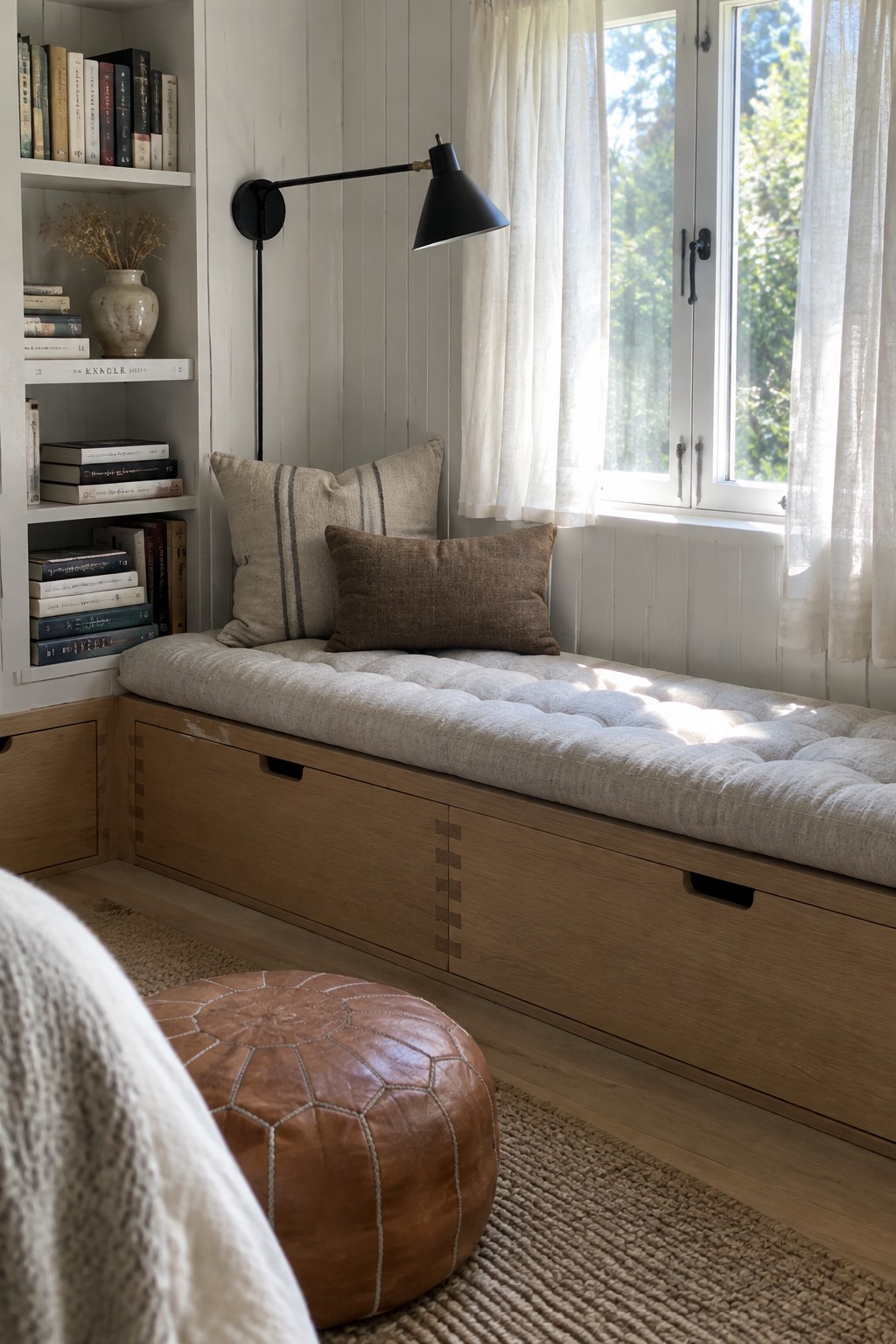 Sunlit wooden window seat with tufted cushion, pillows, black lamp, and bookshelf.