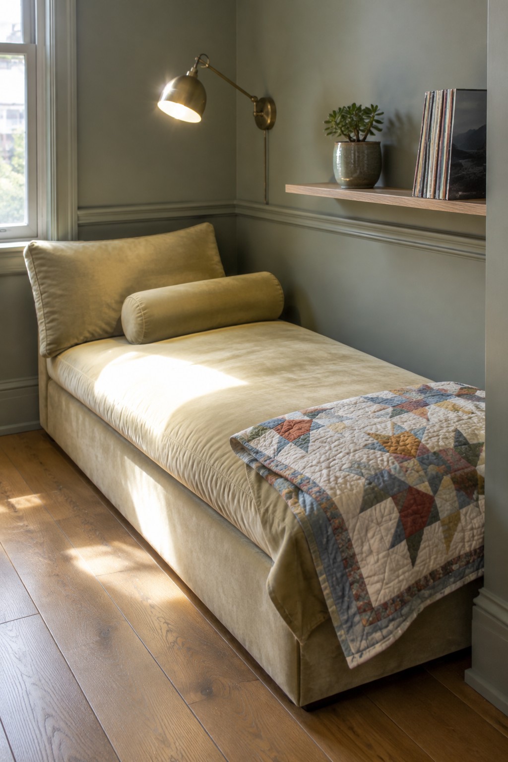 A beige daybed with a rolled bolster pillow and patchwork quilt sits against a sage green wall beneath a brass wall sconce, with a floating wooden shelf holding a potted plant and stack of books above it.