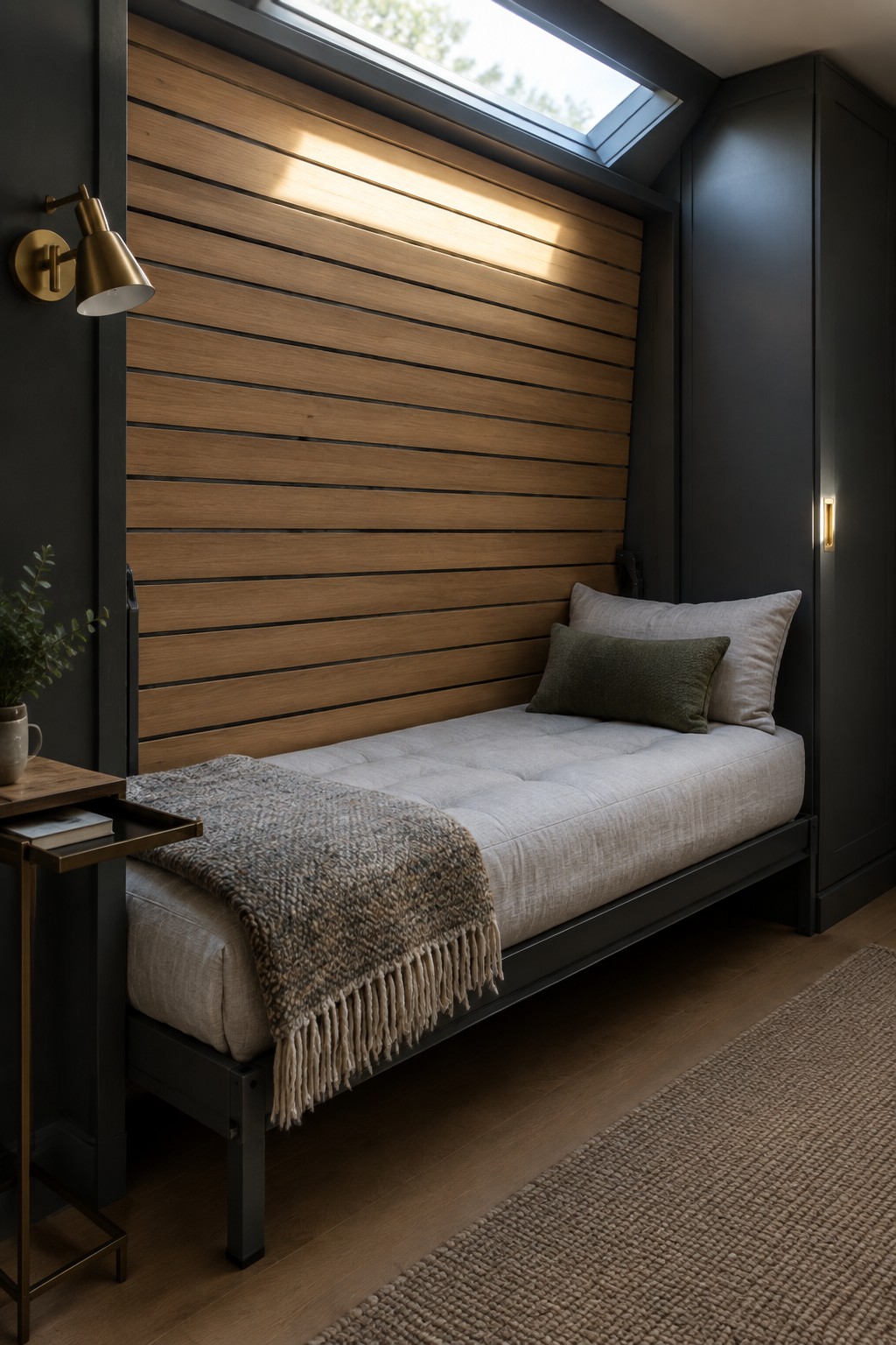 A narrow daybed with beige bedding, a fringed throw, and two pillows sits against a horizontal wood slat wall beneath a skylight in a dark room, with a brass wall sconce, side table holding a plant and book, and a tall dark cabinet nearby.