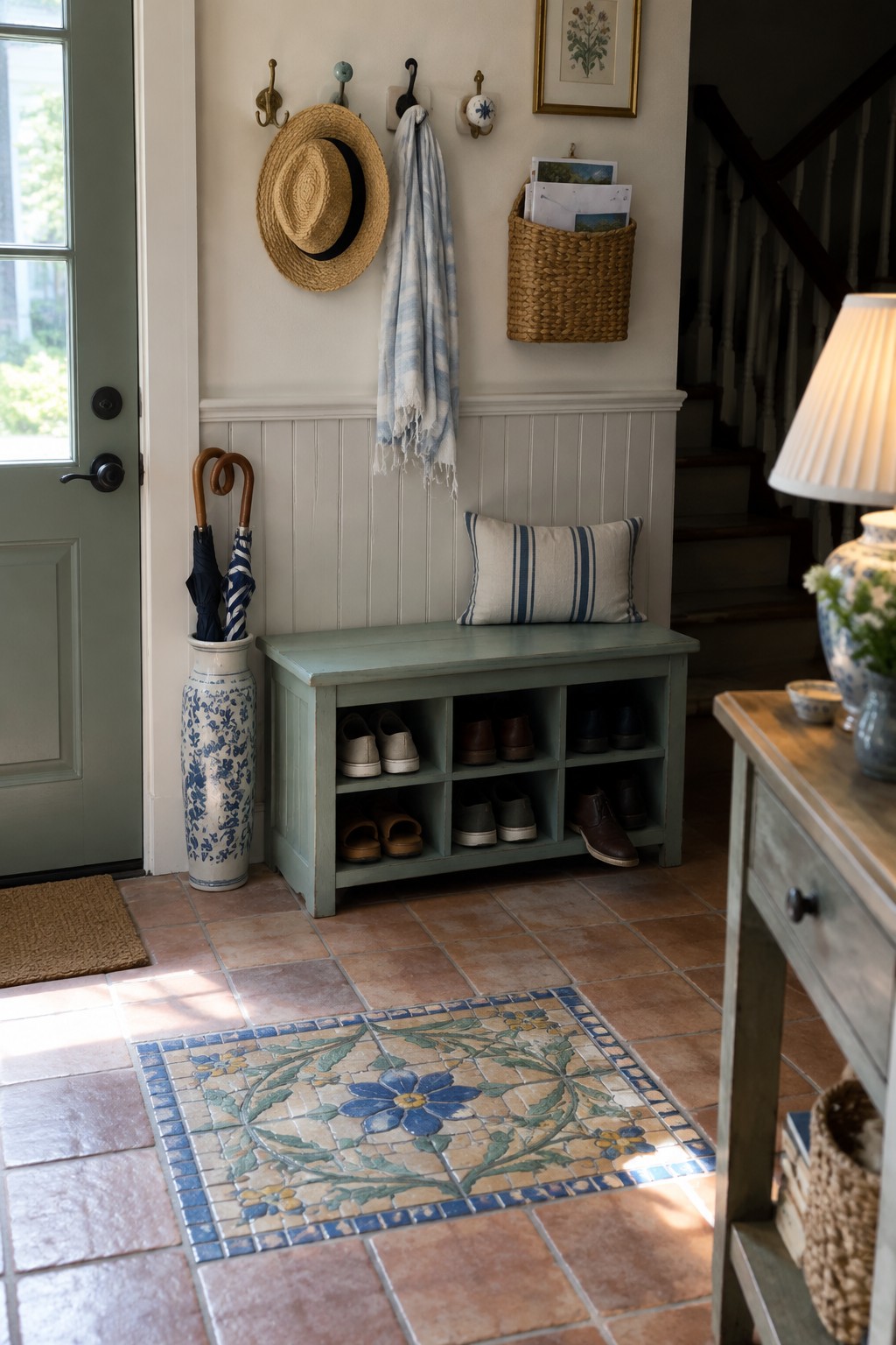 A sage green wooden bench with open cubby storage for shoes is placed against a wall in a tiled entryway next to a door and a blue patterned umbrella holder.
