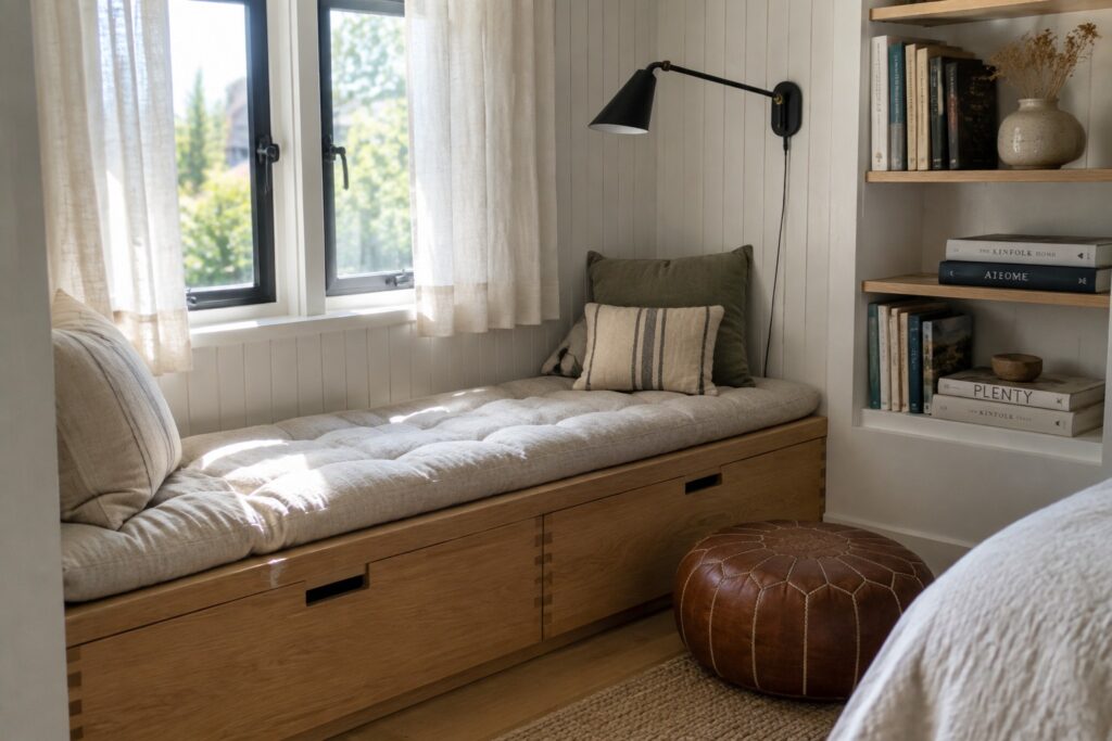 Sunlit wooden window seat with tufted cushion, pillows, black lamp, and bookshelf.