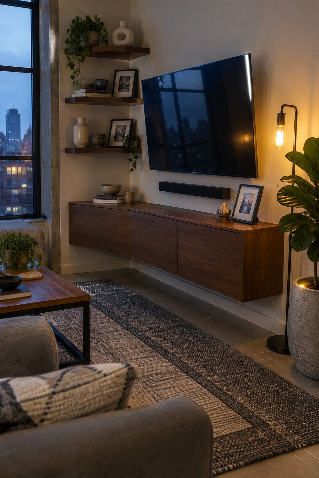 A living room corner with a long floating dark wood media console, wall-mounted television, soundbar, and wooden floating shelves holding books and vases.