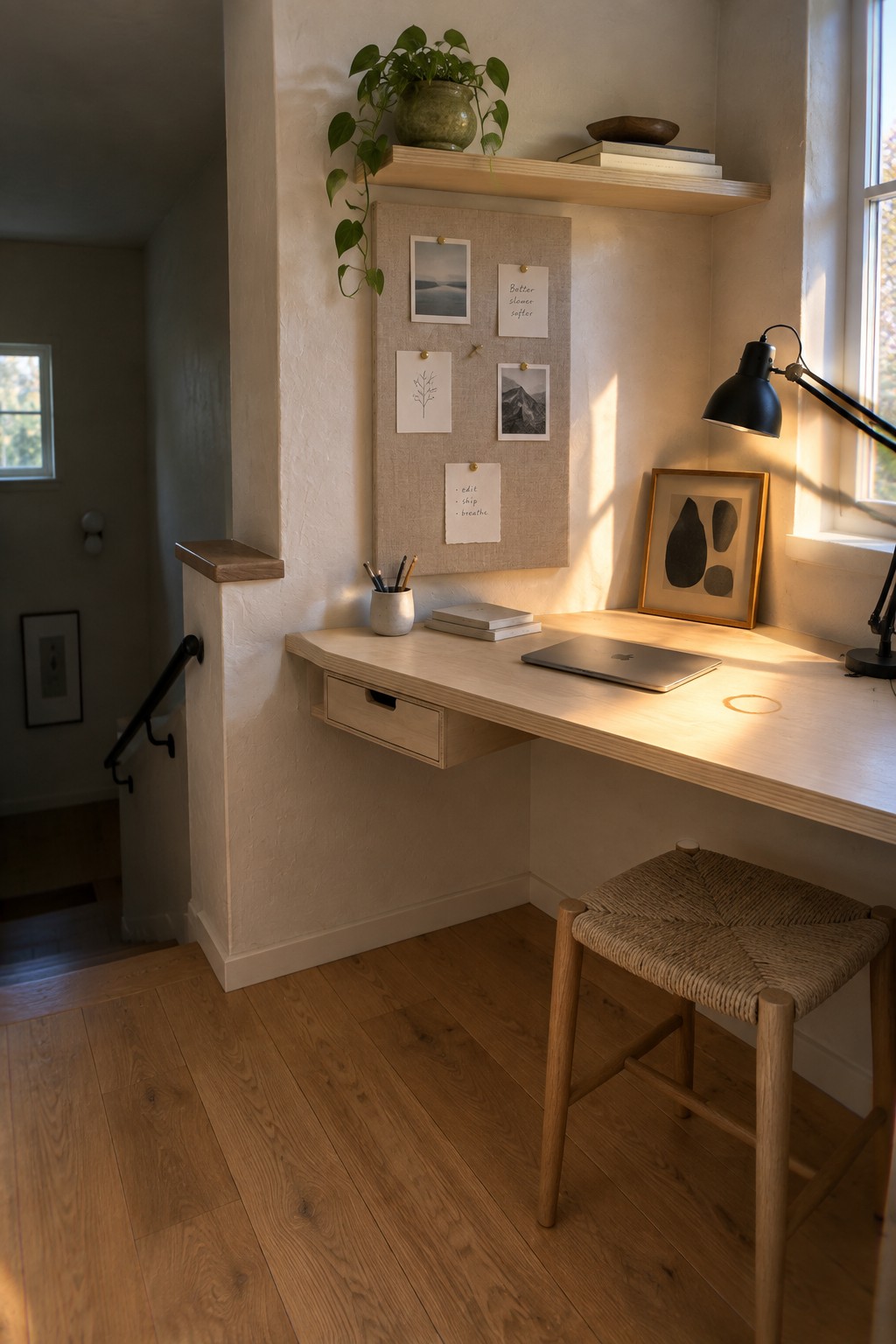 A light wood floating desk with drawer sits in a corner beside stairs, paired with a woven stool, bulletin board, and overhead shelf.