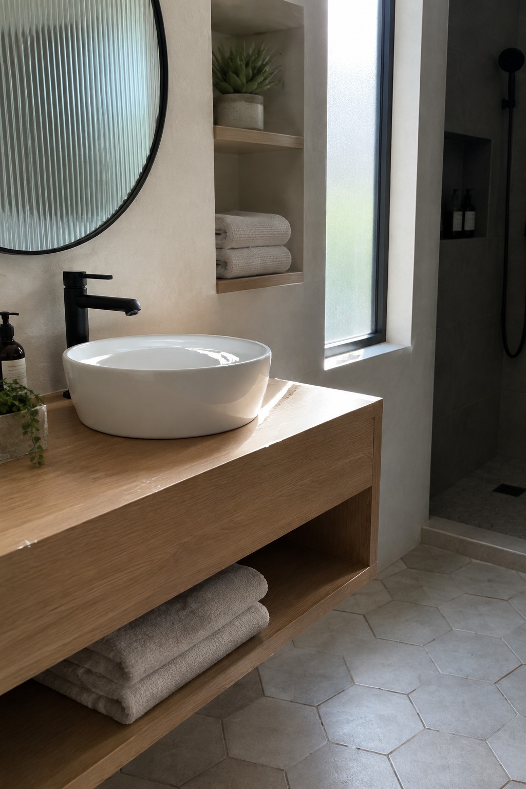 A bathroom with a floating light wood vanity, white vessel sink, black faucet, round mirror, and open lower shelf holding folded towels beside wall niches with towels and a plant.