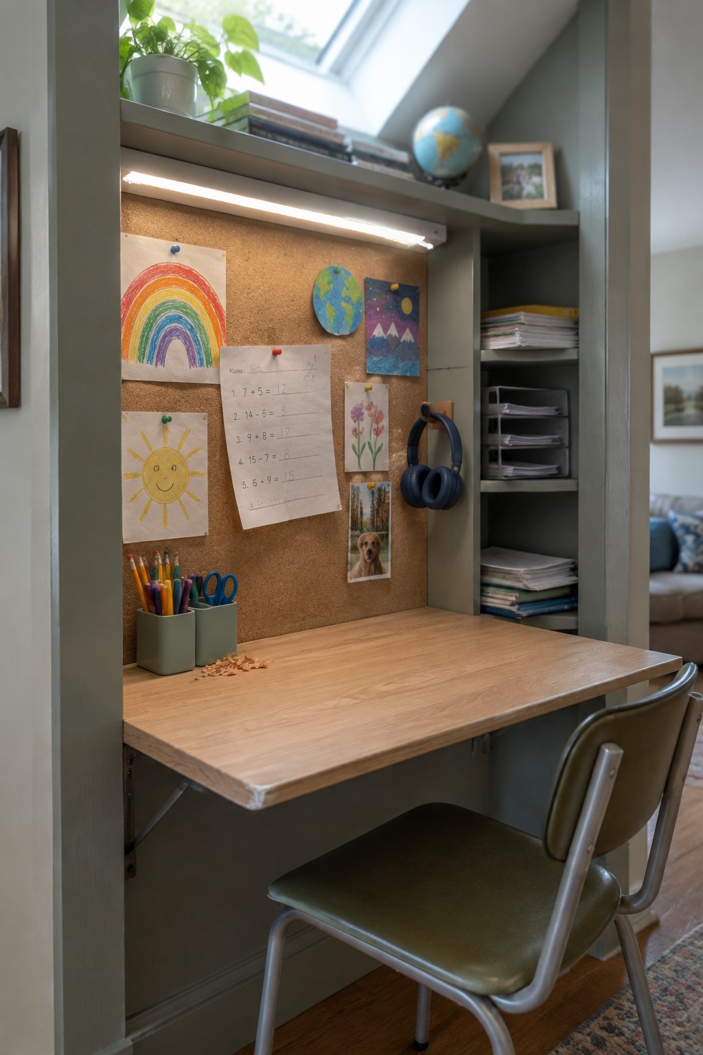 A wooden fold-down desk in a recessed wall nook with a corkboard above it holding drawings and papers, colored pencils in holders, and a green chair pulled up to the desk.
