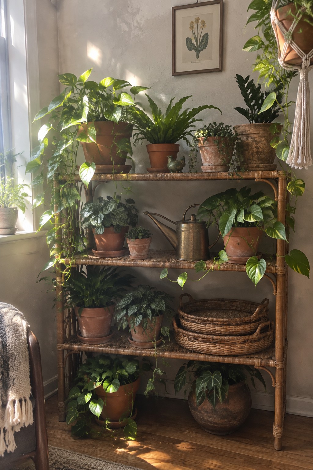 A tall rattan shelving unit with multiple shelves holding various potted houseplants in a bright indoor corner.