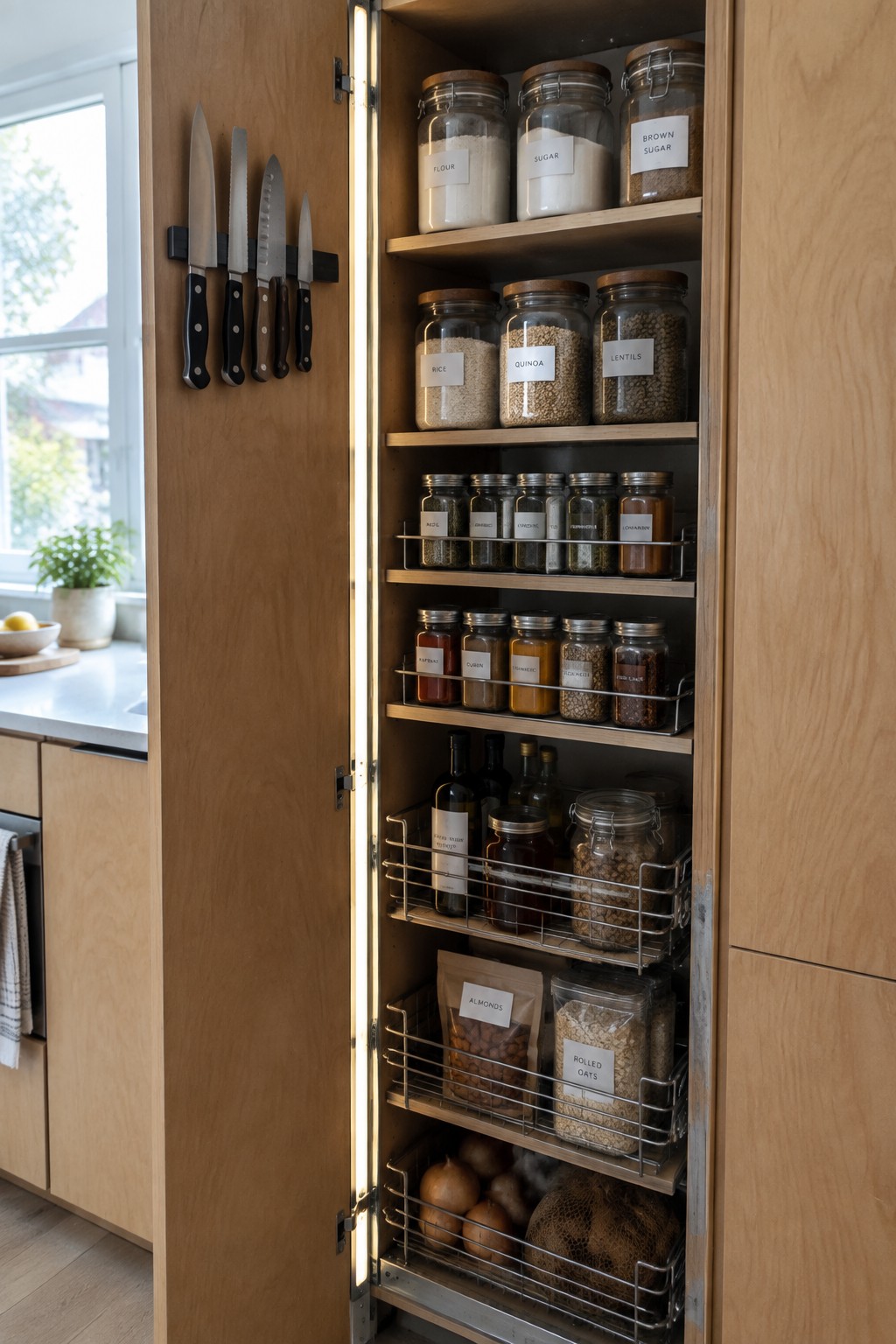 A tall light wood pantry cabinet stands open, showing multiple shelves with labeled glass jars, wire pull-out baskets holding bags and onions, and knives mounted on the inside of the door.
