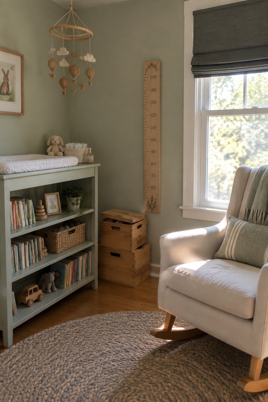 A light-colored rocking chair sits in the corner of a room with sage green walls, positioned next to a window and a tall wooden height chart.
