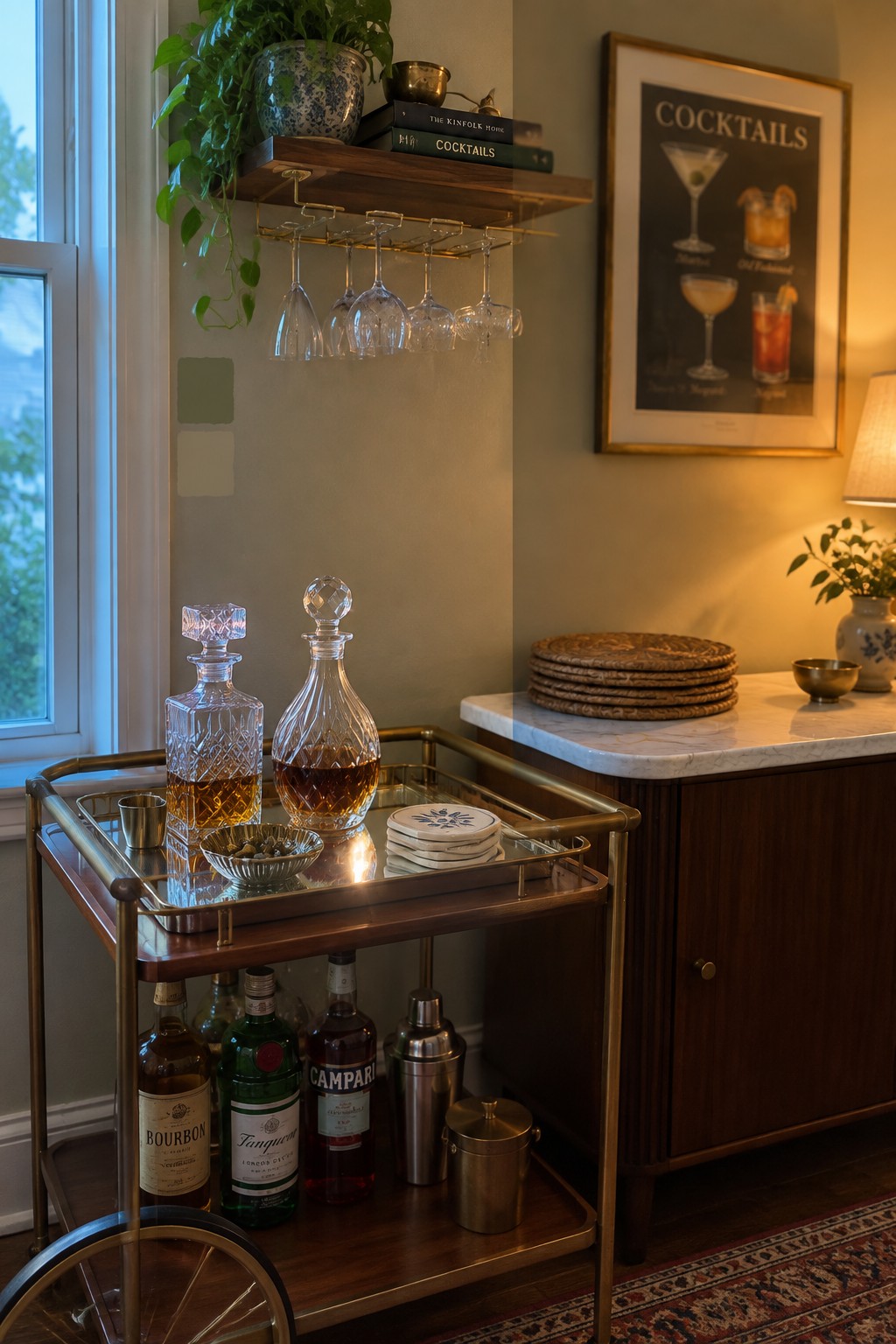 A brass and wood bar cart with glass decanters, liquor bottles, and cocktail tools stands in a corner beside a dark wood cabinet with a marble top.