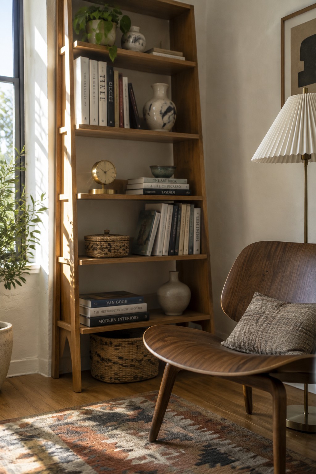 A tall wooden bookshelf filled with books and decorative objects stands beside a window next to a low wooden lounge chair with a cushion and a floor lamp.