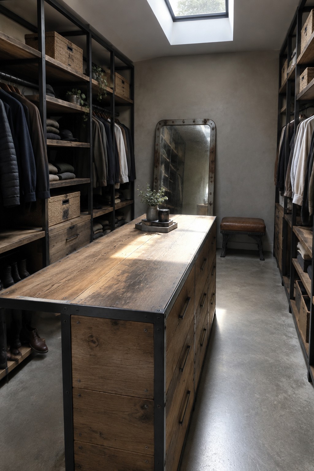 A long wooden island with a metal frame stands in the middle of a walk-in closet lined with open black metal and wood shelving holding clothes, hats, and woven baskets, plus a tall mirror and small stool against the back wall.