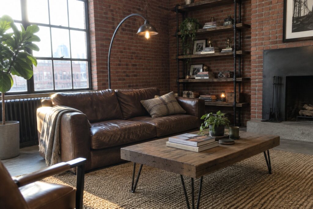 A living room with industrial metal pipe shelving holding books and plants against a brick wall, a wooden coffee table with metal legs on a woven rug, and a brown leather sofa near a large window.