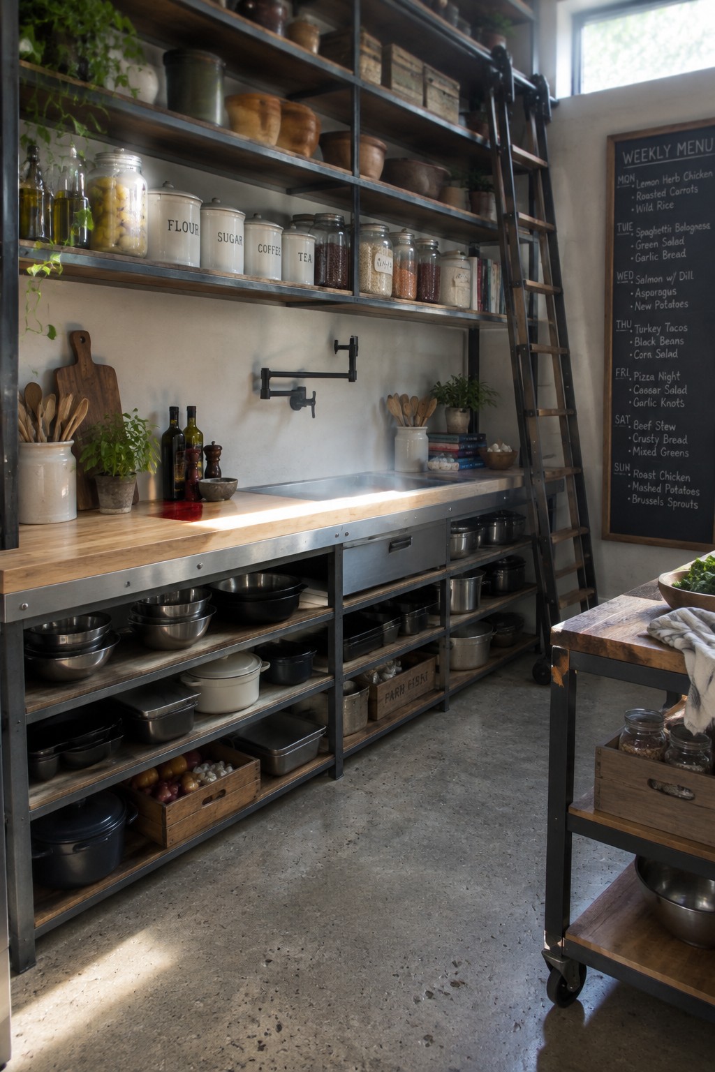 A long industrial kitchen workspace with metal open shelving holding jars and containers above a wooden countertop, lower metal shelves with pots and pans, a rolling wooden cart on the right, and a chalkboard menu on the wall.