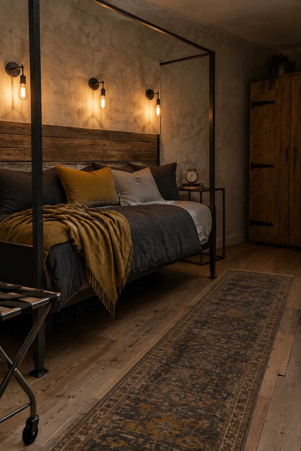 A bedroom with a black metal four-poster bed frame, wooden headboard, dark bedding with a mustard throw, wall sconces, and a wooden wardrobe on the right.