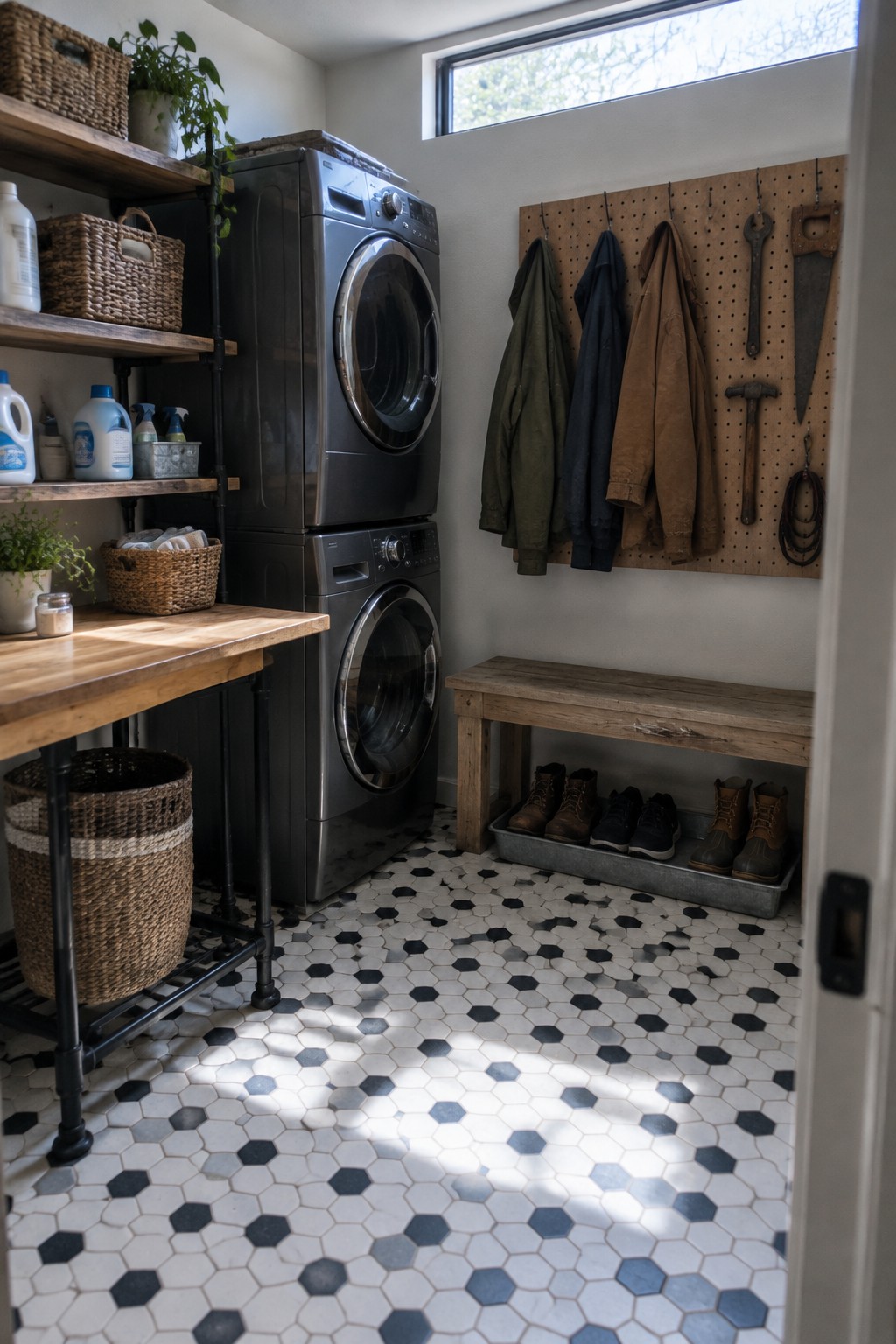 A laundry room interior showing stacked washer and dryer units, wooden shelves mounted on black metal pipes, a wooden work table, a pegboard wall with hanging jackets and tools, and a wooden bench with shoes stored underneath on a patterned tile floor.
