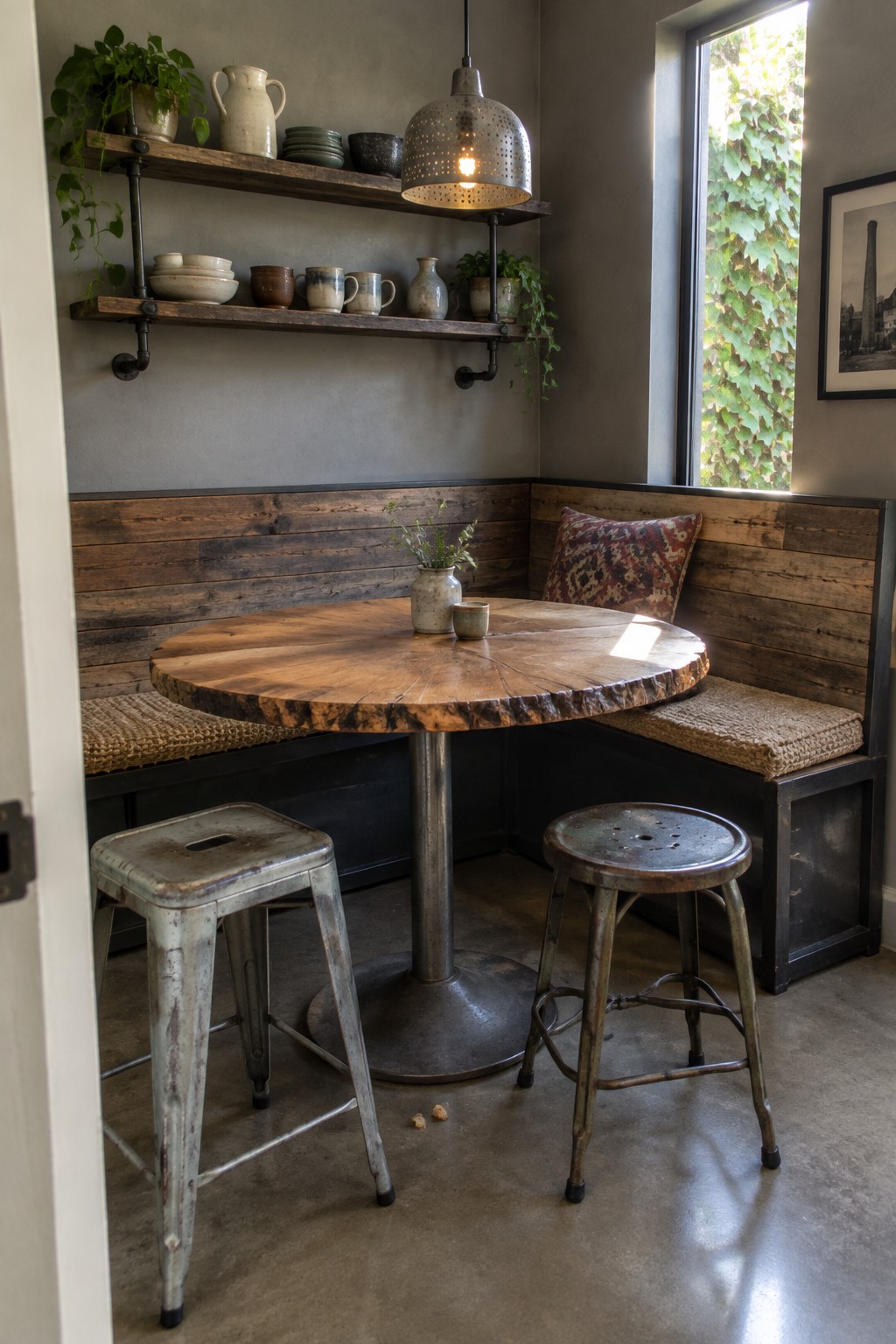A round live-edge wood table on a metal base with two metal stools and a built-in wood bench in a corner with wall shelves.