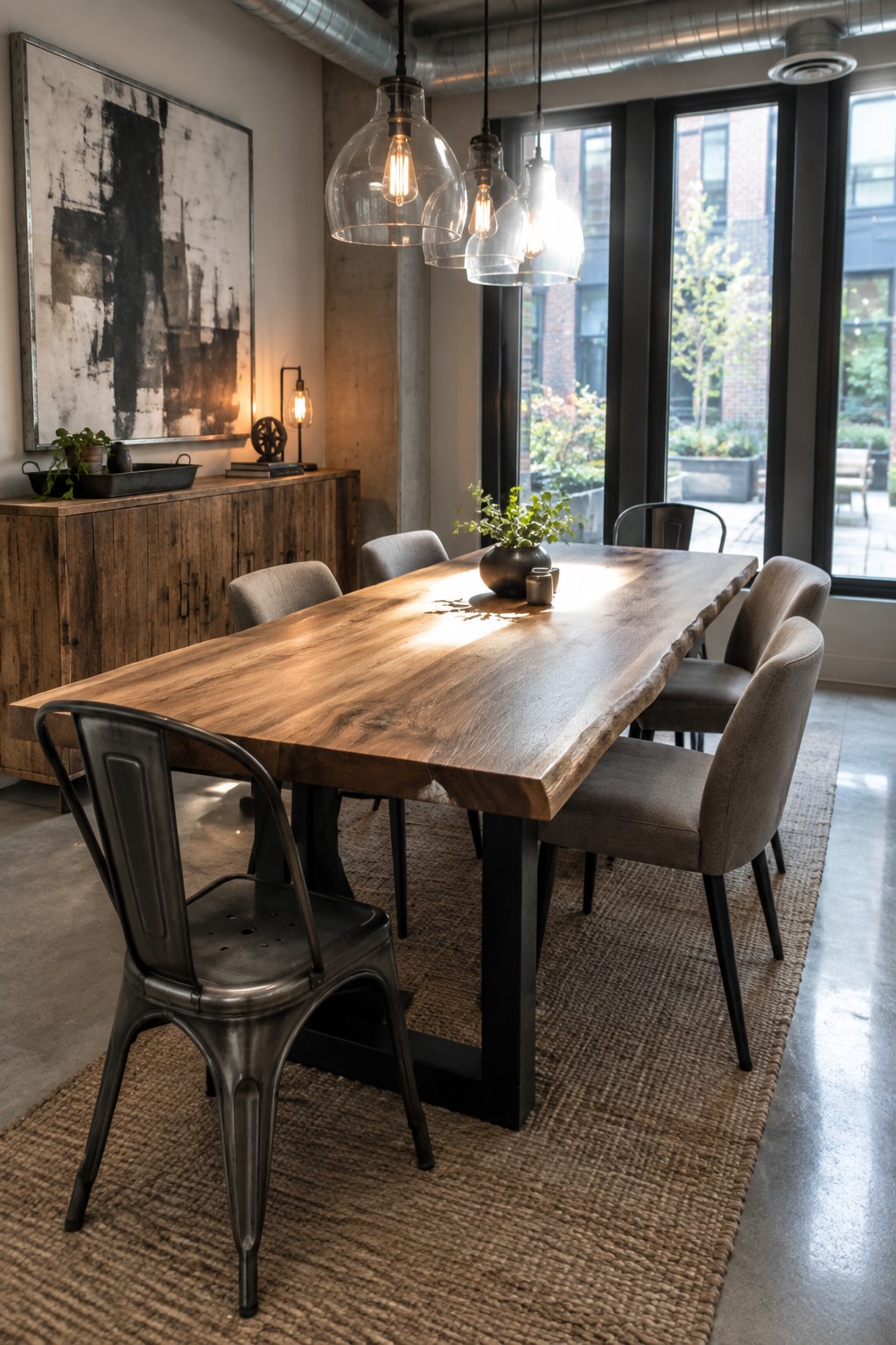 A long live-edge wooden dining table with black metal chairs sits on a woven rug in a modern industrial dining room with glass pendant lights overhead.