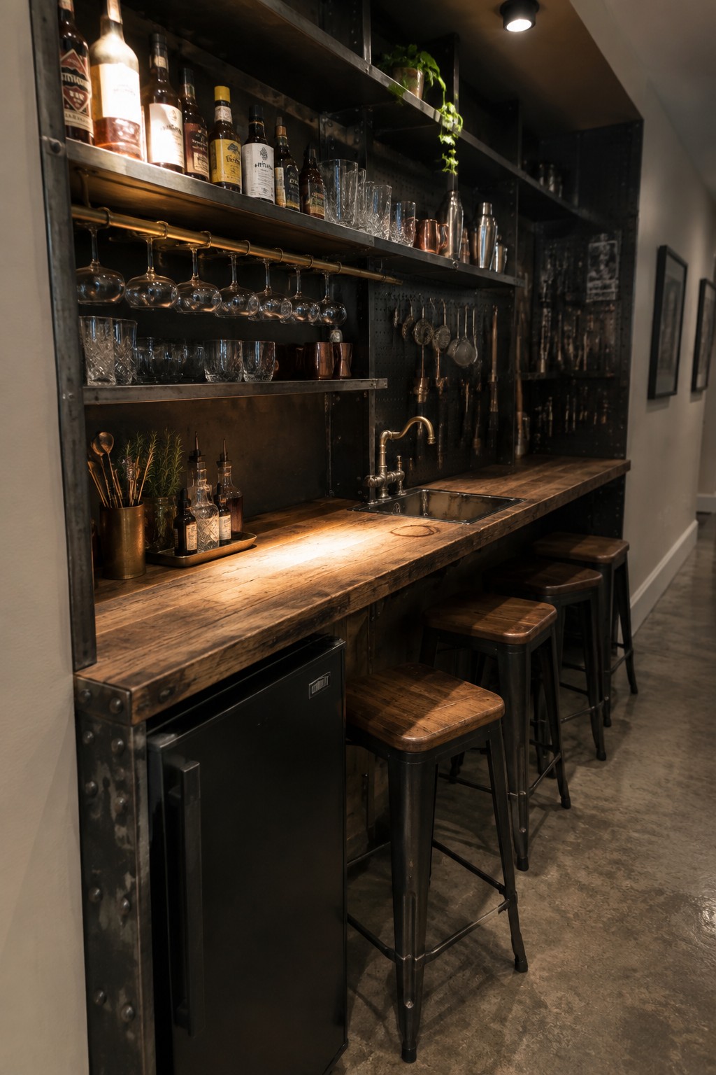 Rustic industrial bar with wooden counter, hanging glasses, liquor shelves, and metal stools