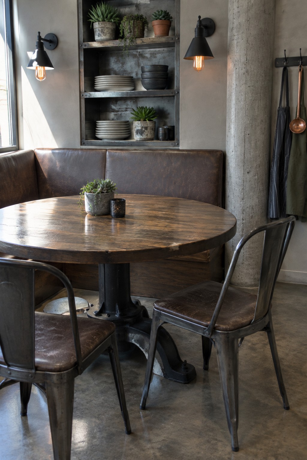 A round wooden table with a black metal pedestal base is surrounded by metal chairs with brown seats and a brown leather banquette, with metal wall shelves holding dishes and plants in the background.
