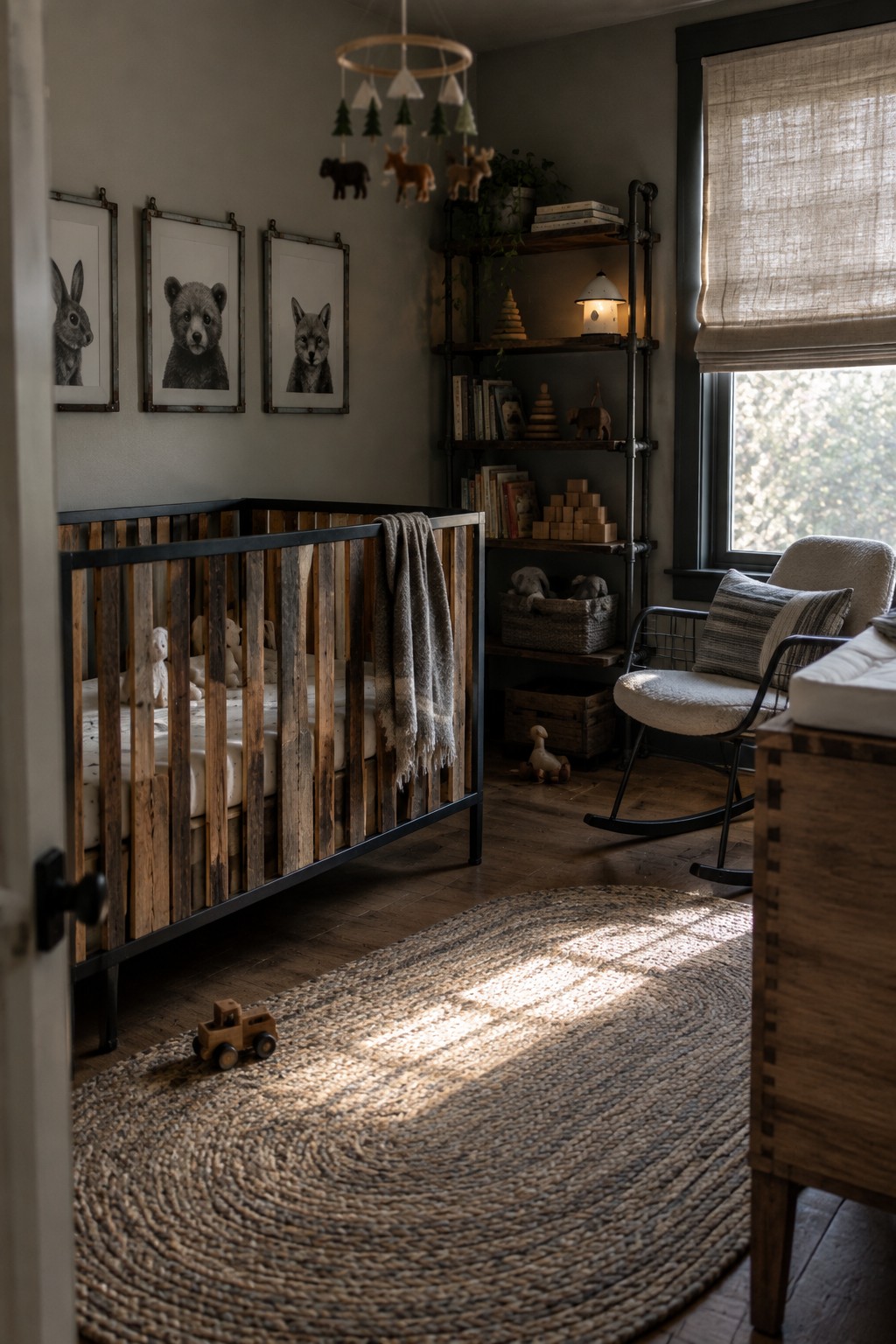 A nursery interior with a wood and metal crib, industrial pipe shelving unit, rocking chair, and woven rug on hardwood flooring.