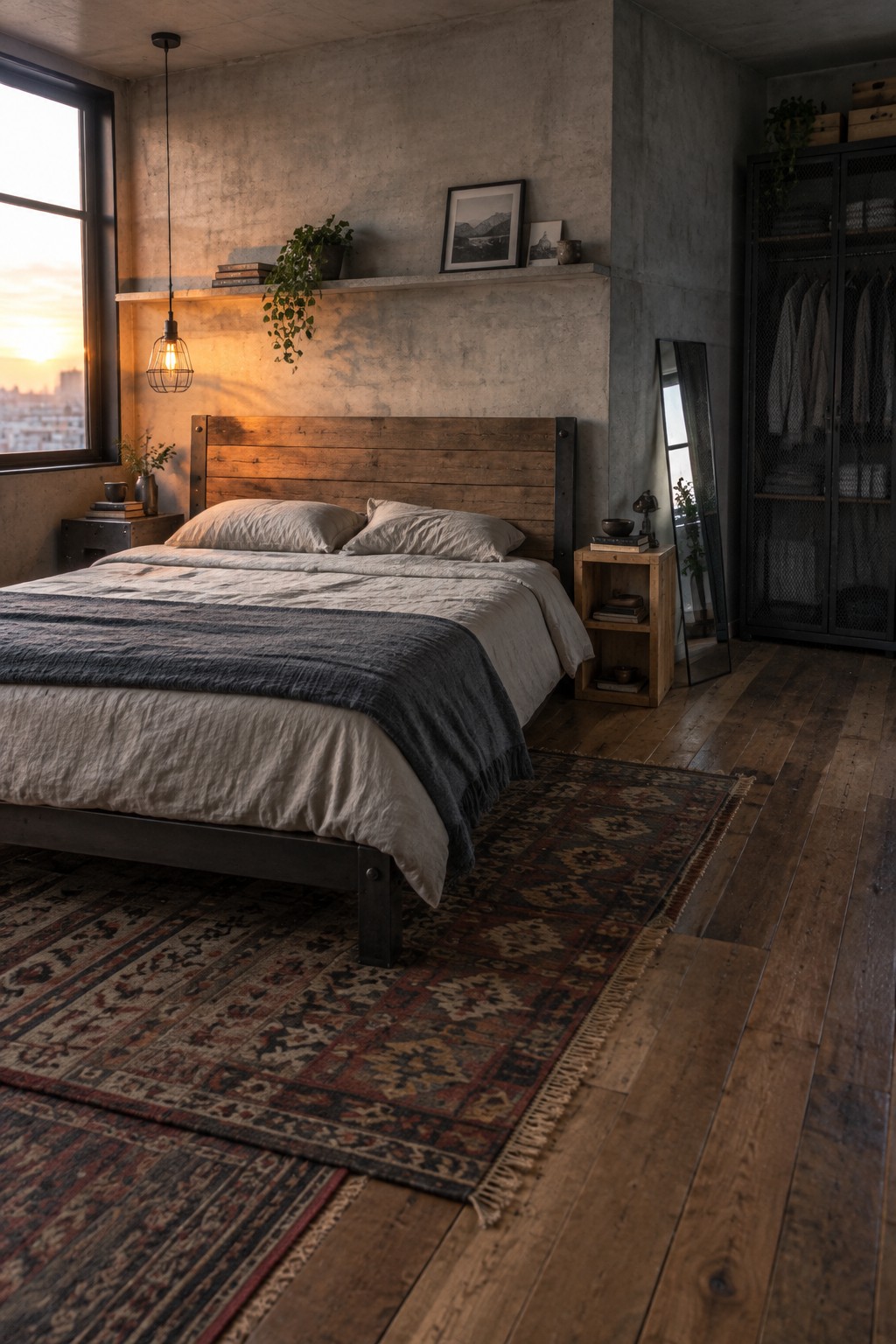 A bedroom with a wood and metal bed frame, neutral linens, a patterned rug on hardwood floors, and concrete walls with industrial storage pieces.