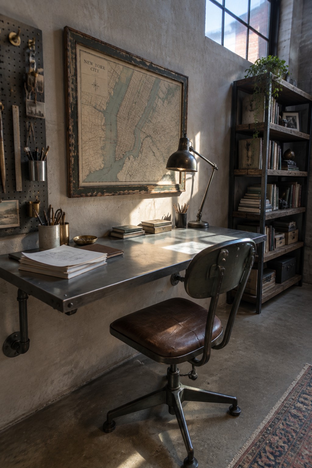 An industrial home office with a wall-mounted metal desk, brown leather swivel chair, large framed New York map on a concrete wall, and wooden bookshelves on the right side.