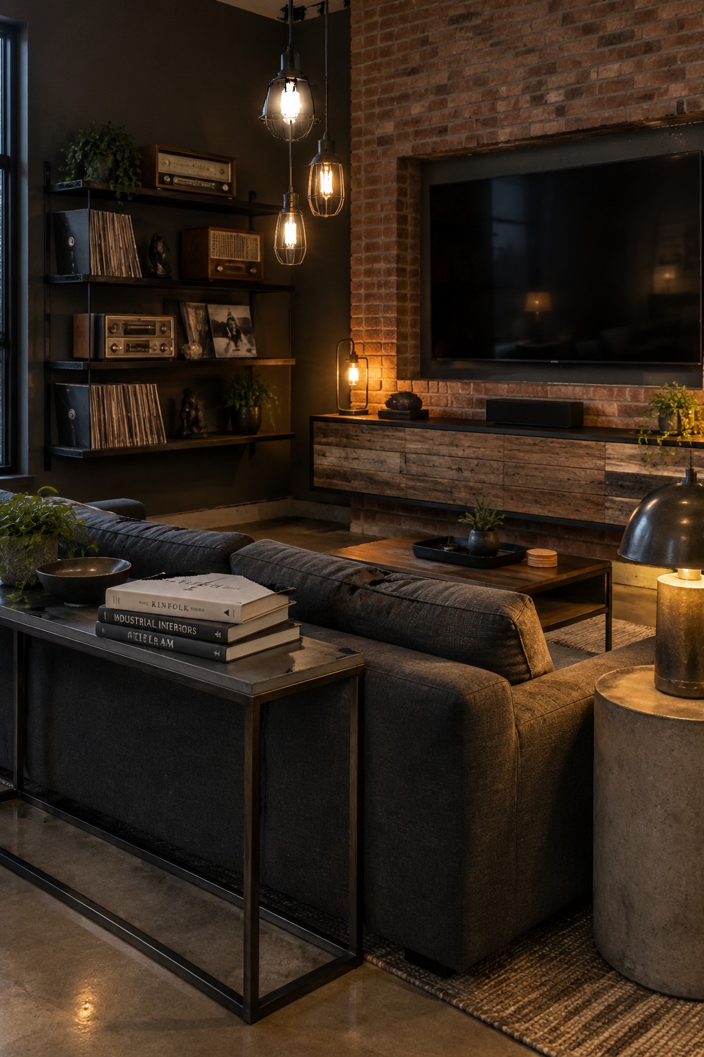 Modern industrial living room with dark gray sofa, brick wall, TV, and hanging lights.