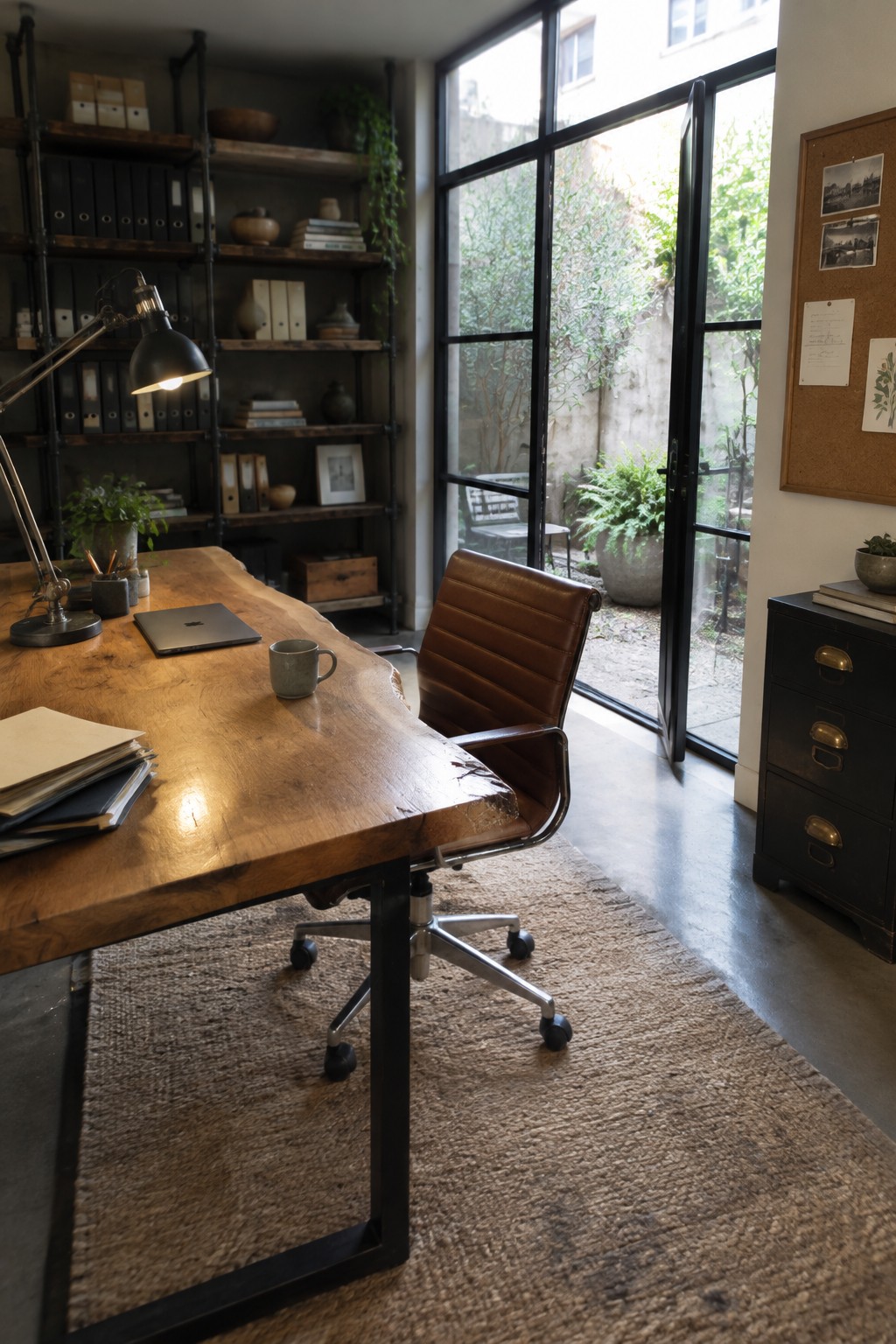 A wooden slab desk with black metal legs sits on a woven rug in a room with an industrial shelving unit and a brown leather office chair.