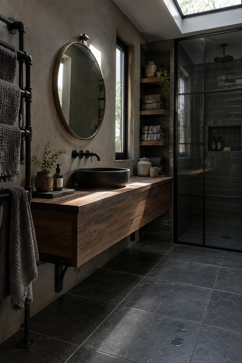 A bathroom with a long floating dark wood vanity, black vessel sink, round mirror, black metal brackets, and a vertical pipe towel rack next to a glass shower enclosure.