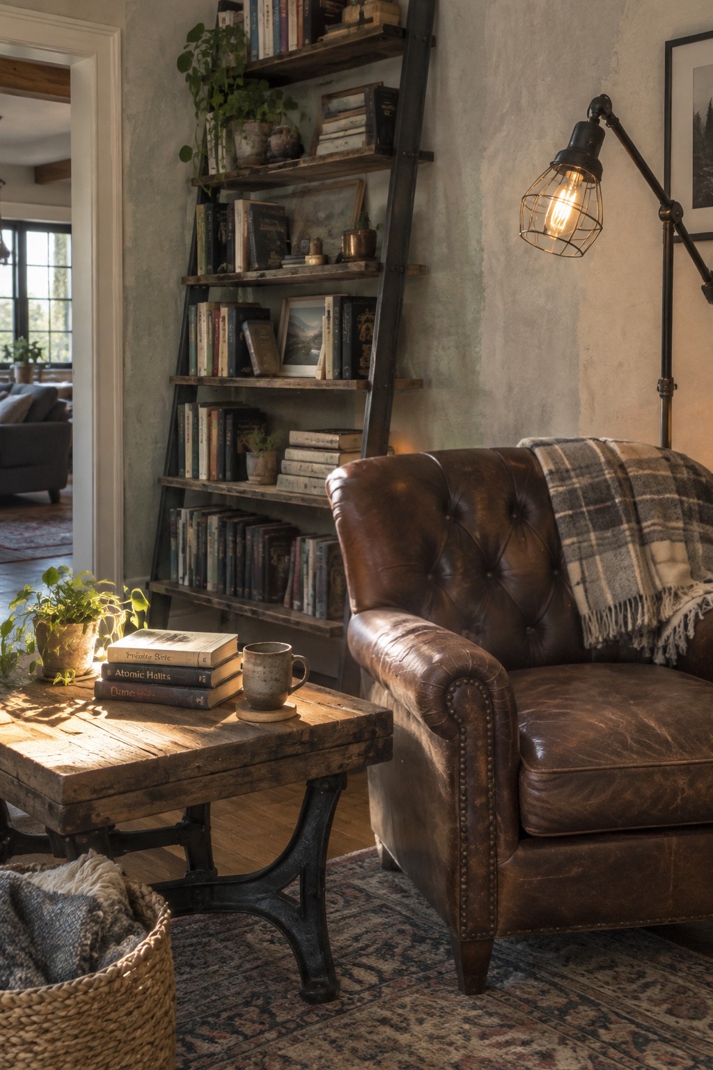 Cozy rustic corner with brown leather armchair, ladder bookshelf, and wooden side table.