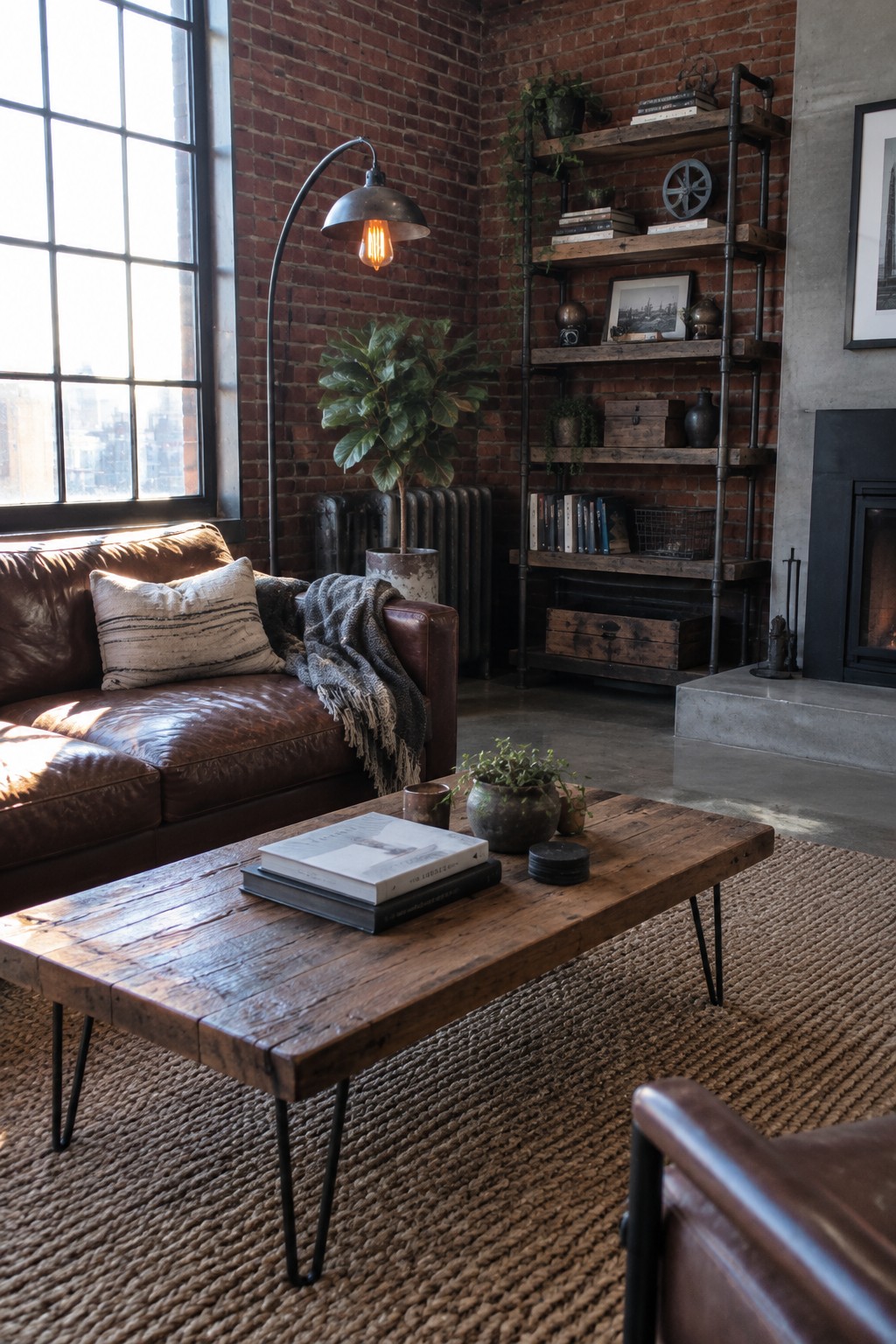 A living room with industrial metal pipe shelving holding books and plants against a brick wall, a wooden coffee table with metal legs on a woven rug, and a brown leather sofa near a large window.