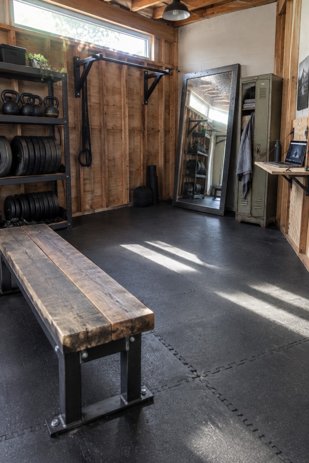 A home gym interior showing a long wooden bench with a black metal frame, weight storage shelves on the left, a wall-mounted pull-up bar, and a large mirror leaning against the wall.