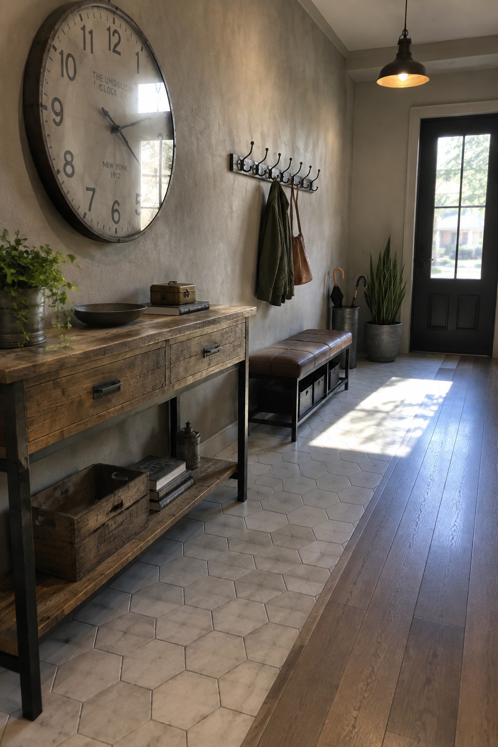 A wooden console table with a metal frame stands against a beige wall beside a cushioned bench, with a large wall clock above and storage items on the lower shelf.