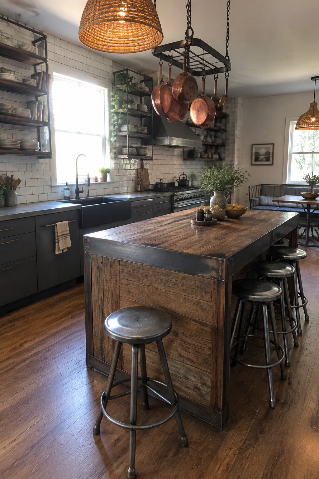 A spacious kitchen featuring a large wooden island with metal accents, surrounded by several round metal stools, with copper pots hanging overhead.