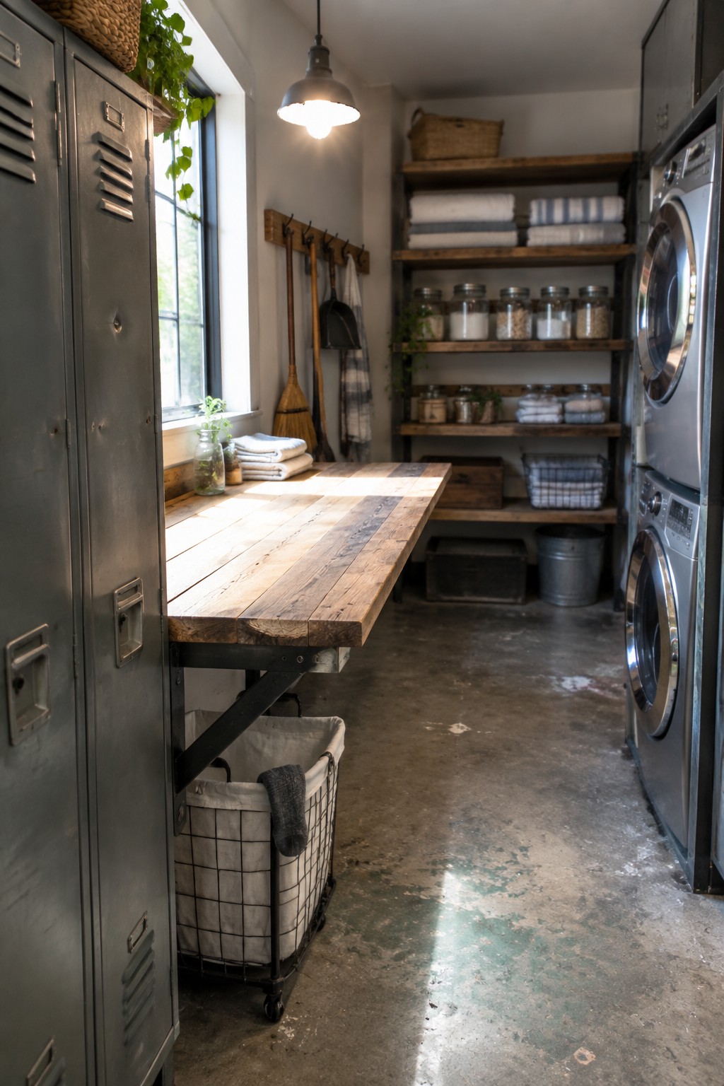 A narrow laundry room with a long wooden tabletop on a metal frame, gray metal lockers on the left, and stacked stainless steel washing machines on the right.